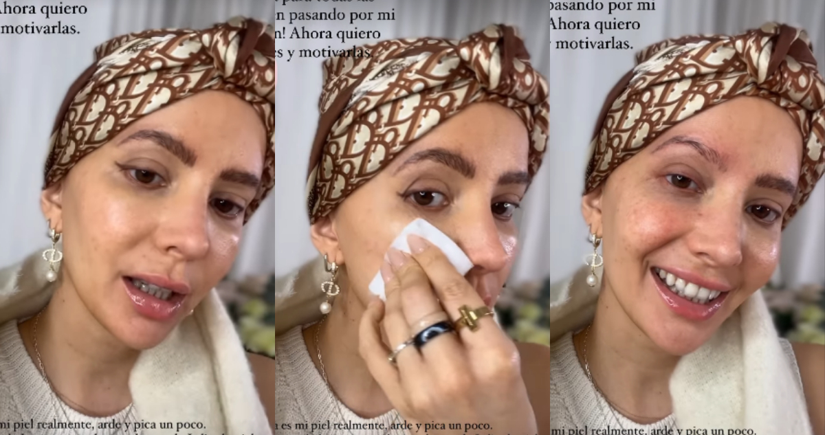 Aylén Milla antes y después de quitarse el maquillaje.