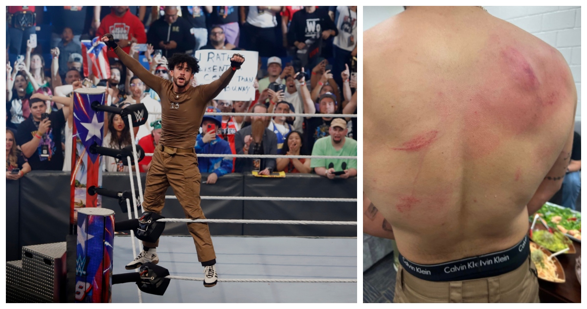 Una fotografía de Bad Bunny en el ring, y otra de su espalda tras la pelea.