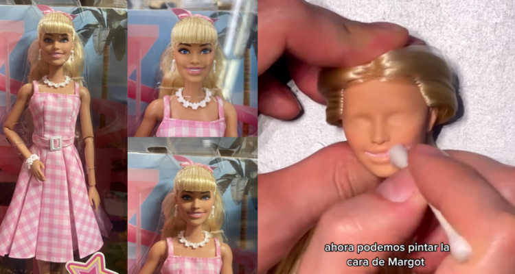 Barbie inspirada en Margot Robbie (izquierda) y la misma muñeca siendo transformada por artista (derecha)