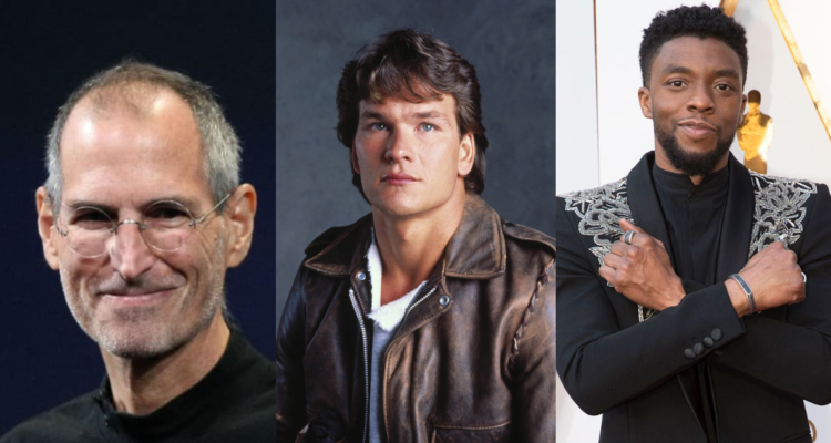 Steve Jobs (izquierda), Patrick Swayze (centro) y Chadwick Boseman (derecha) en referencia a la vacuna contra el cáncer de páncreas, enfermedad que les provoco la muerte