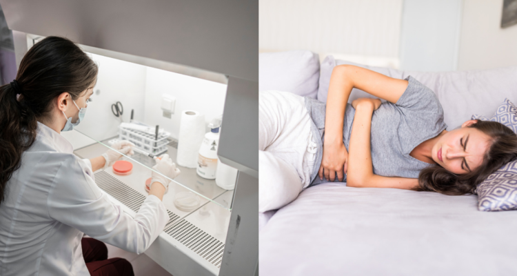 Mujer en un laboratorio (izquierda) y mujer con dolor en el abdomen (derecha) en referencia a nuevo gen predictor de cáncer de páncreas