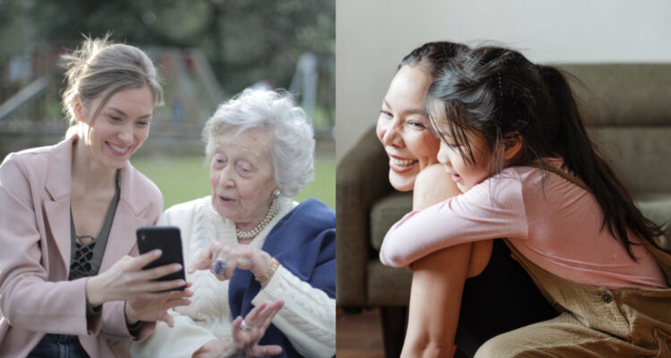 Una mujer de la tercera edad habla con una adulta. A su lado, una madre con su hija. Entre los consejos para sobrellevar el Día de la Madre es recordarla con alegría.