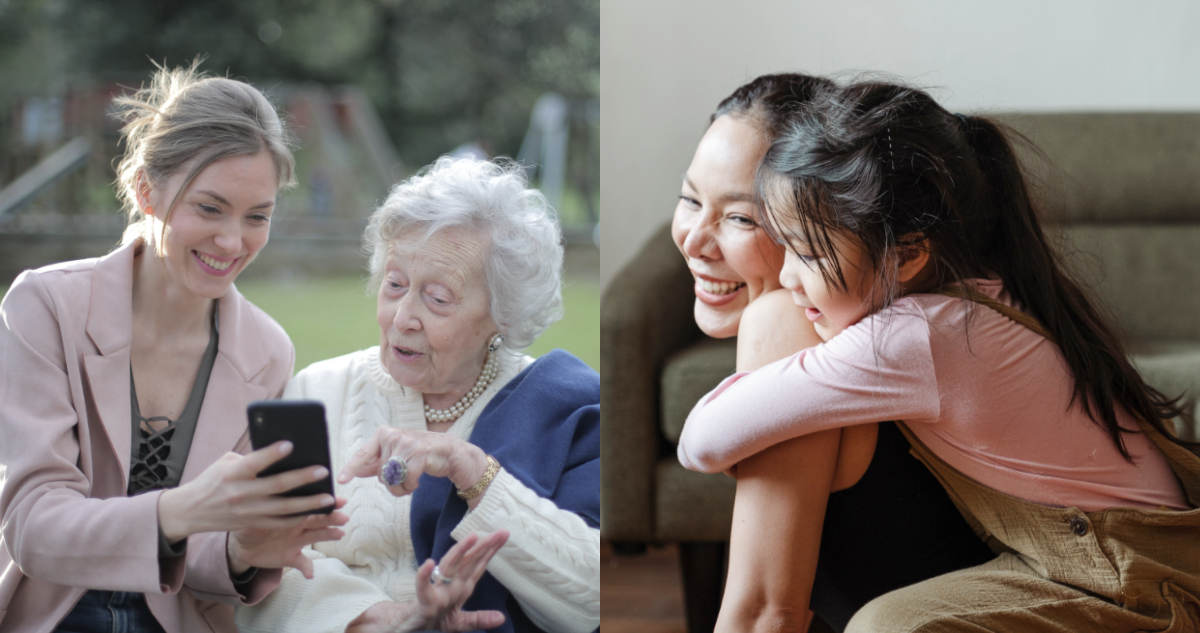 Una mujer de la tercera edad habla con una adulta. A su lado, una madre con su hija. Entre los consejos para sobrellevar el Día de la Madre es recordarla con alegría.