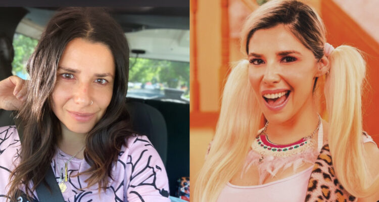 LA actriz Dayanna Amigo con y sin su traje como Titi de Casado con Hijos.