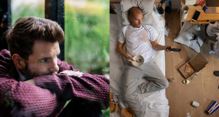 Dos hombres con síntomas de depresión y ansiedad en referencia al test de salud mental que concluyó que el 70% de los pacientes tiene síntomas relacionados a estos trastornos