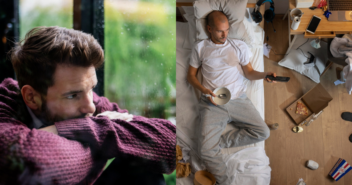 Dos hombres con síntomas de depresión y ansiedad en referencia al test de salud mental que concluyó que el 70% de los pacientes tiene síntomas relacionados a estos trastornos