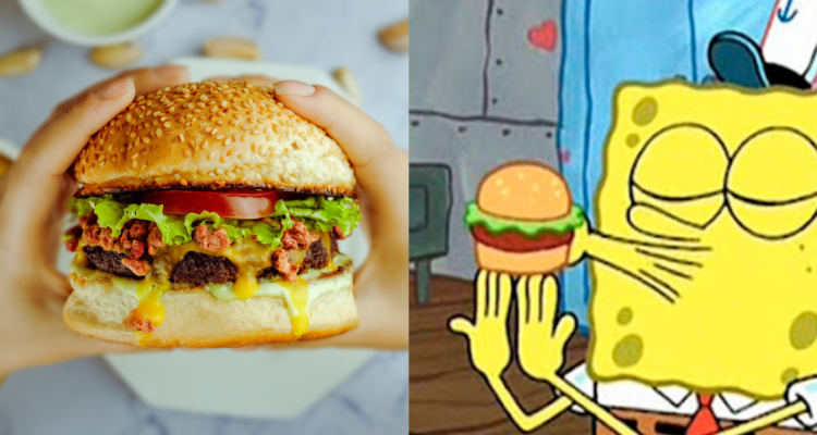 Hamburguesa (izquierda) y Bob esponja besando una hamburguesa (izquierda) en referencia al Día de la Hamburguesa