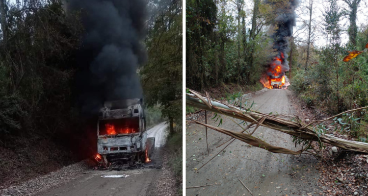 Incendio afecta a camión forestal en la comuna de Los Lagos: testigos aseguran que habían encapuchados.