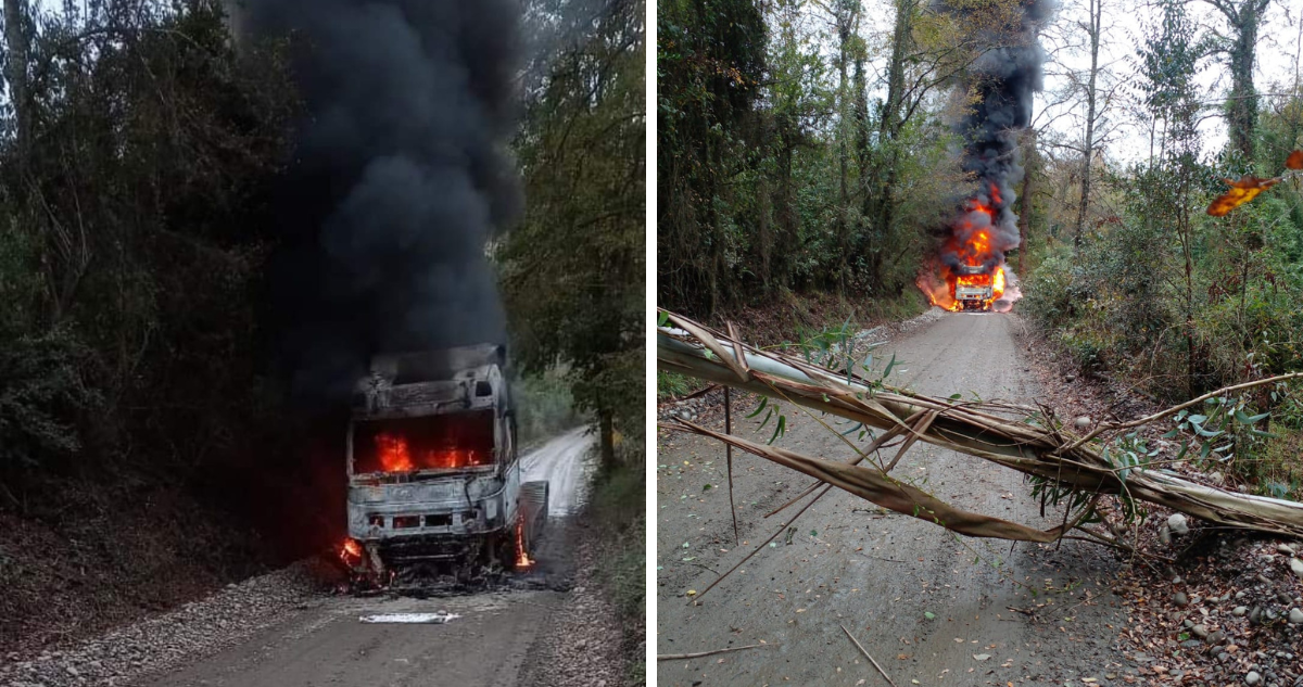 Incendio afecta a camión forestal en la comuna de Los Lagos: testigos aseguran que habían encapuchados.