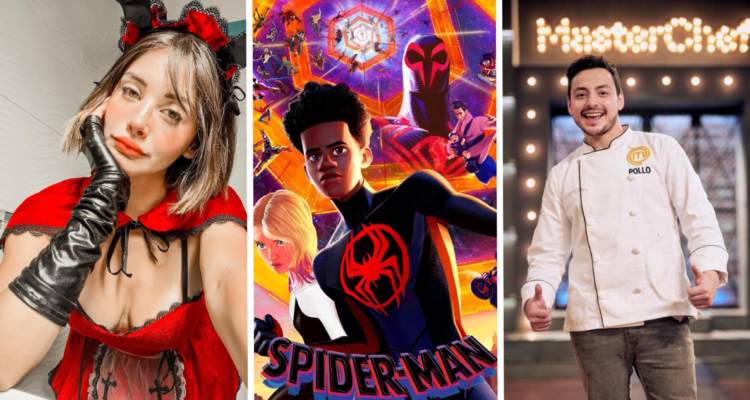 influencer iCata (izquierda); poster de Spiderman (centro) y Pollo Castillo (derecha) en referencia a los influencers que harán el doblaje de la película