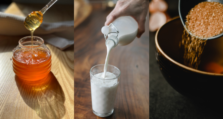Miel (izquierda), leche (centro) y azucar rubia (derecha) en referencia a los reemplazos para los endulzantes