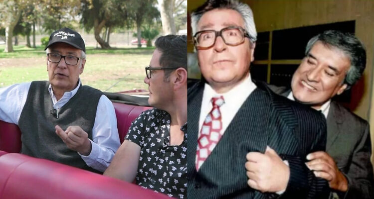 Fernando Alarcon hablando de su amigo Eduardo Ravani. A su lado, una foto del recuerto con los dos amigos bajo sus personajes.