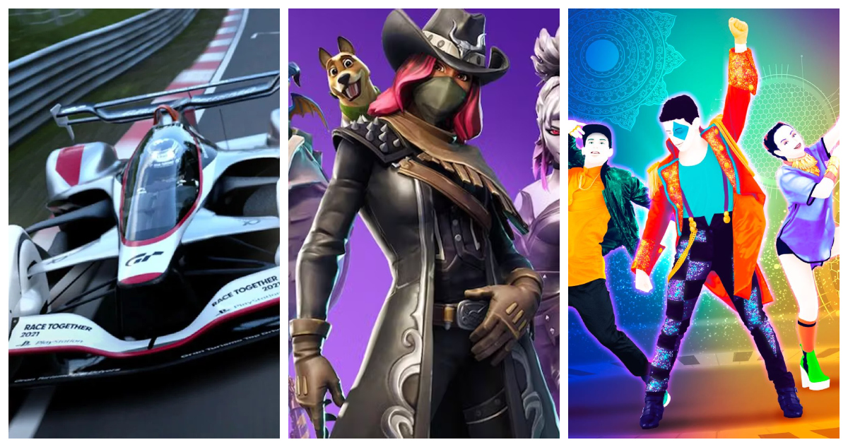 Una imagen de Gran Turismo, otra de Fortnite y otra de Just Dance, e-sports oficiales de los Juegos Olímpicos de Singapur 2023.