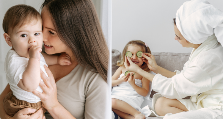 Madre sosteniendo a su hijo (izquierda) y madre jugando con su hija pequeña en un dia de spa (derecha) en referencia a los genes que se heredan de la madre