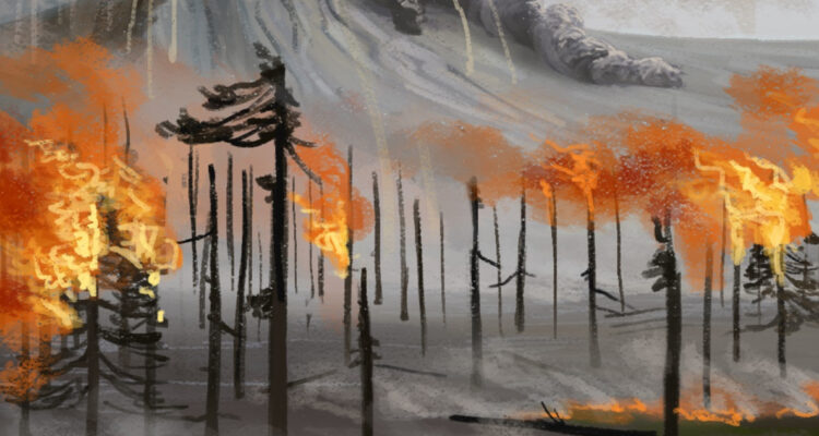 Representación artística de los incendios forestales en la Antártica.