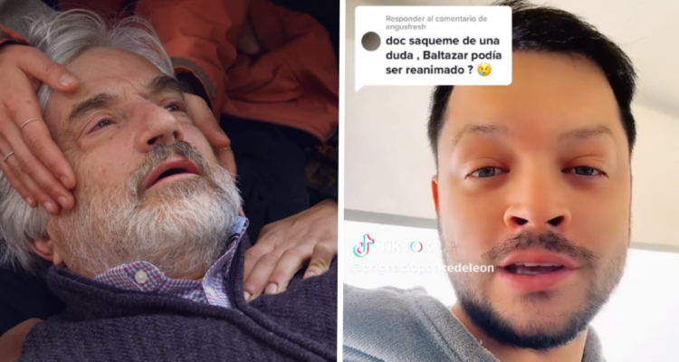 Captura de la muerte de Baltazar en la Ley de Baltazar (izquierda) y médico de TikTok que respondió duda sobre paro cardíaco
