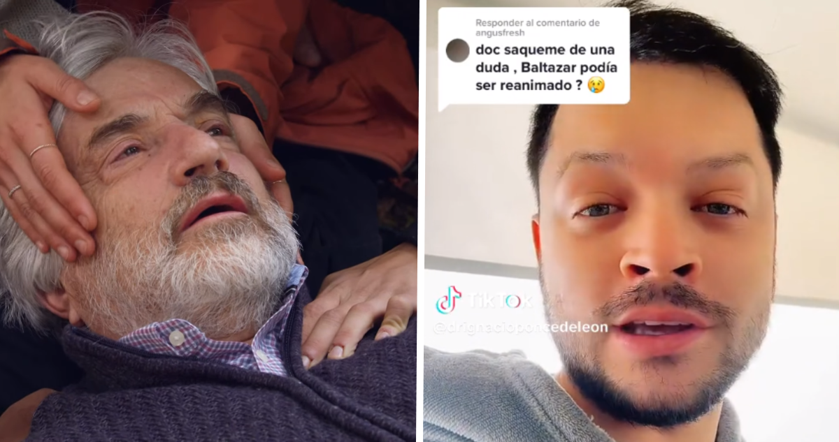Captura de la muerte de Baltazar en la Ley de Baltazar (izquierda) y médico de TikTok que respondió duda sobre paro cardíaco