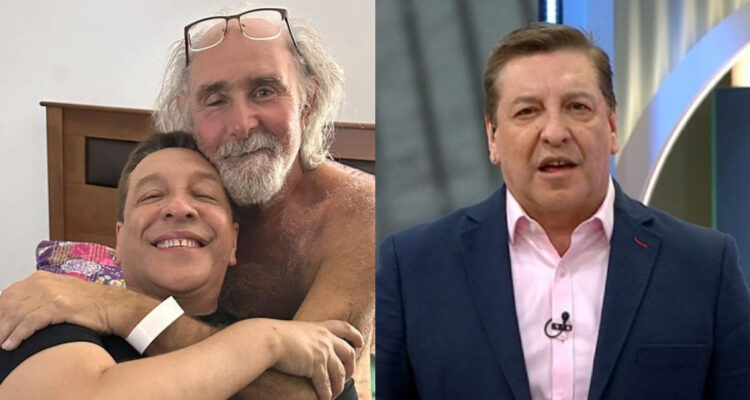 Erick Pohlhammer abrazando al periodista Julio César Rodríguez mientras ambos sonríen.