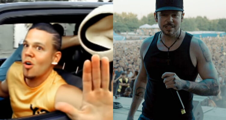 Residente de Calle 13 en el video musical de Atrévete. A su lado, el mismp cantante en un concierto. El músico fue quien dio a conocer que Tocarte Toa’ jamás fue un tema de Calle 13.