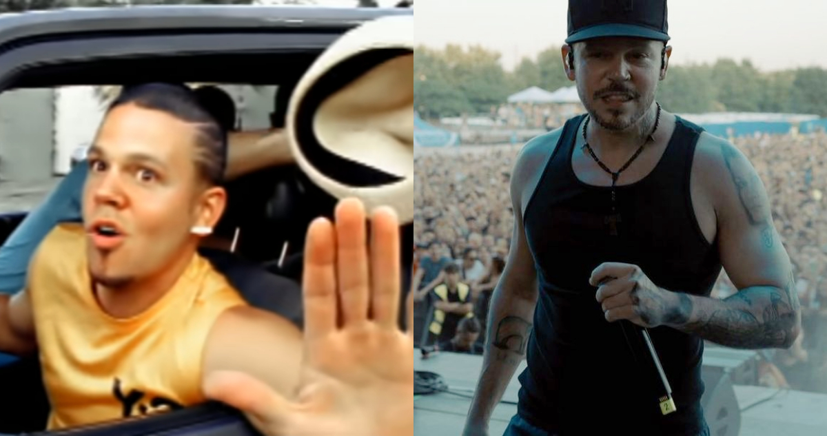 Residente de Calle 13 en el video musical de Atrévete. A su lado, el mismp cantante en un concierto. El músico fue quien dio a conocer que Tocarte Toa’ jamás fue un tema de Calle 13.