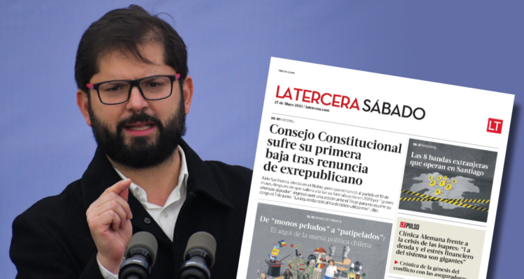 Presidente Boric a la izquierda, a la derecha la portada del diario La Tercera.