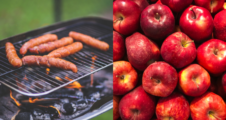 Longanizas en un parrilla (izquierda) y conjunto de manzanas (derecha) en referencia al alimento creado por académico chileno