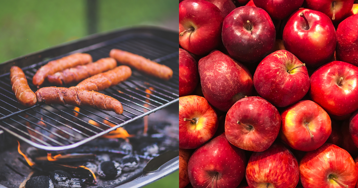 Longanizas en un parrilla (izquierda) y conjunto de manzanas (derecha) en referencia al alimento creado por académico chileno