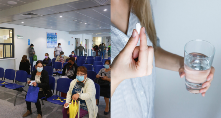 Sala de espera de hospital de Peñalonen (izquierda) y mujer tomando medicamento (derecha) en referencia a encuesta que revela que más del 60% de los pacientes desconoce que puede comprar sus medicamentos gratis