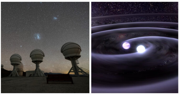 Una fotografía de los telescopios del BlackGem en Chile, y una representación de ondas gravitacionales.