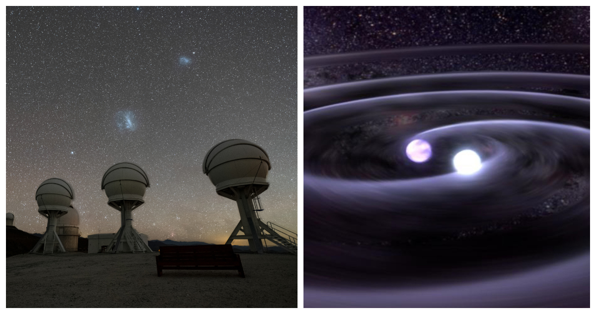 Una fotografía de los telescopios del BlackGem en Chile, y una representación de ondas gravitacionales.