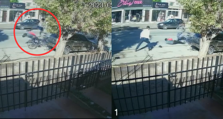 hombre le da patada voladora a delincuente que robó bicicleta a adulto mayor en Argentina