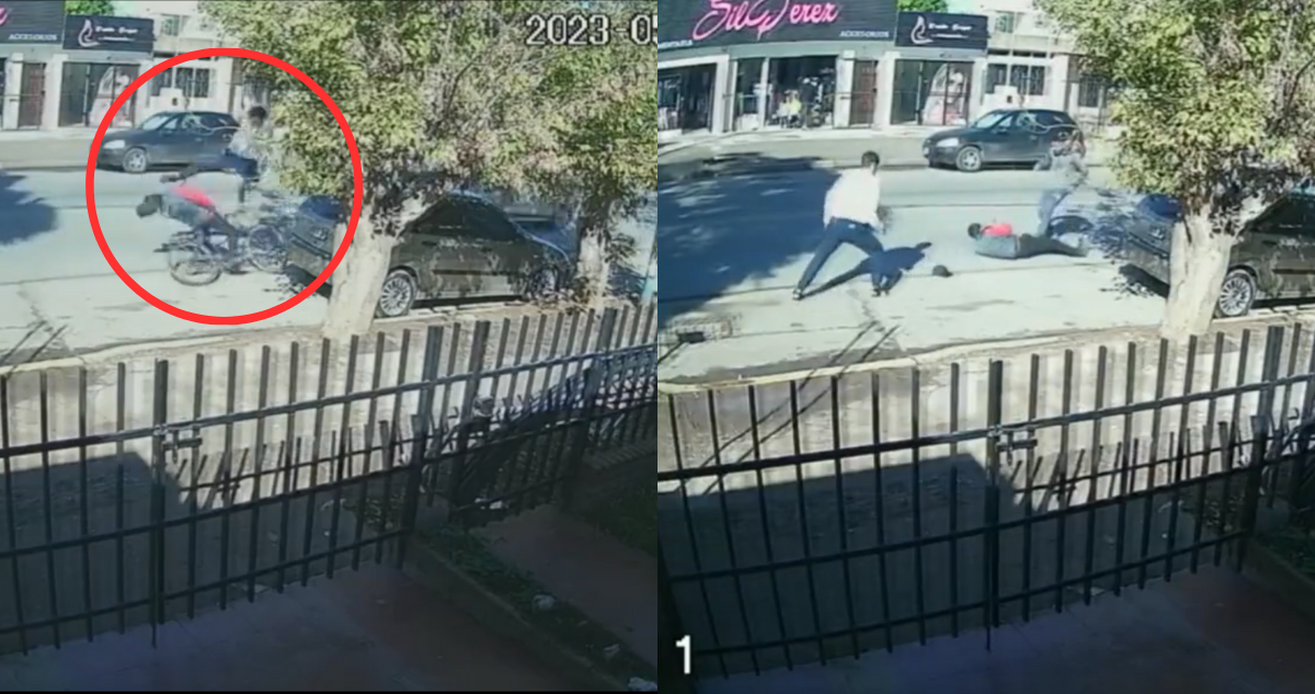 hombre le da patada voladora a delincuente que robó bicicleta a adulto mayor en Argentina