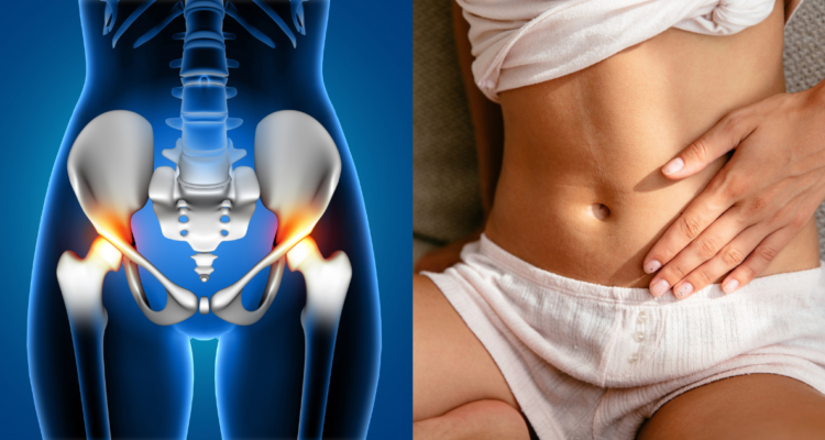 Ilustración de la estructura osea de la pélvis (izquierda) y de una mujer con dolores en la zona (derecha) en referencia a los trastornos y mal funcionamiento del piso pélvico