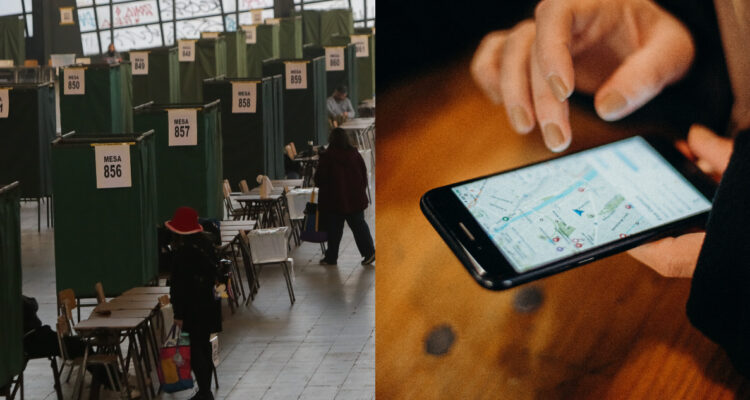 Uno de los locales de votación disponible con gente yendo a votar. A su lado, una persona utilizando una app de viaje.
