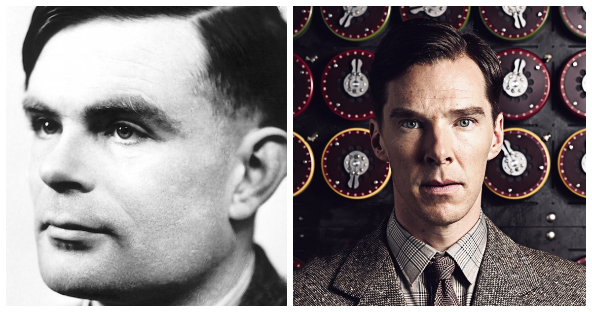 Alan Turing, fotografía histórica, y otra de cuando fue interpretado por Benedict Cumberbatch.