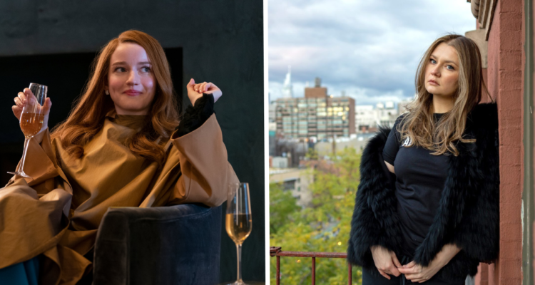 Julia Garner como Anna Delvey en la serie de Netflix (izquierda) y Anna Sorokin en una sesión de fotos (derecha)