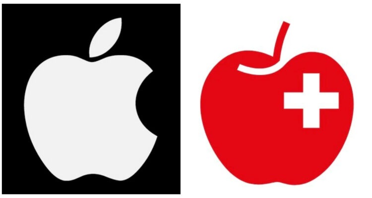 El logo de Apple, y el de Fruit Union Suisse, con sus respectivas manzanas.