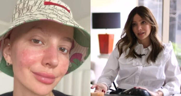 Aylén Milla en una de sus fotos sin maquillaje. A su lado, la modelo argentina siendo entrevistada.