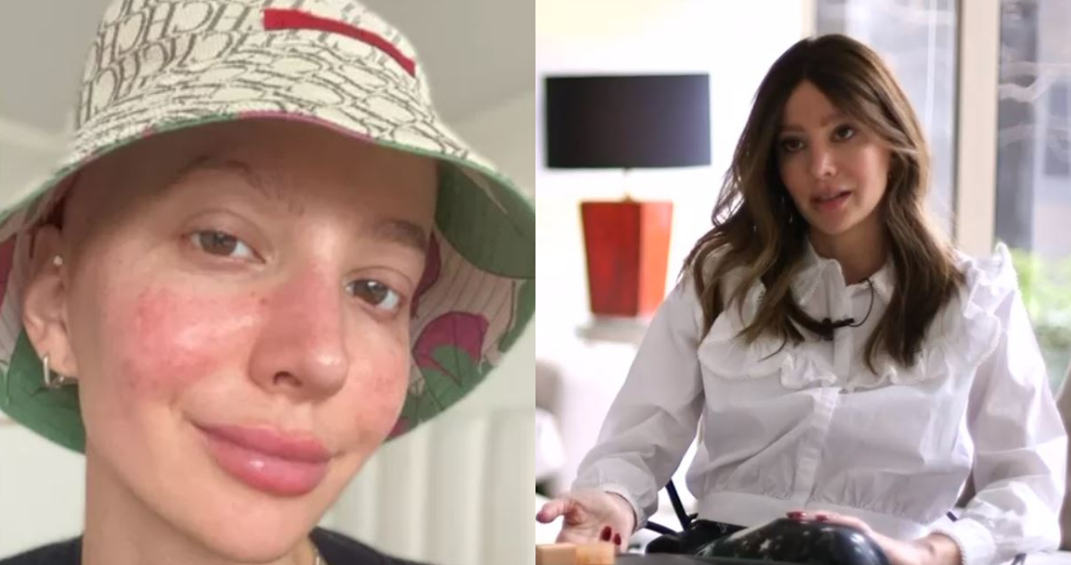 Aylén Milla en una de sus fotos sin maquillaje. A su lado, la modelo argentina siendo entrevistada.