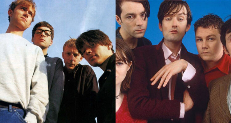 Las bandas Blur y Pulp respectivamente en los años 90. Ambos grupos visitarán Chile este 2023.