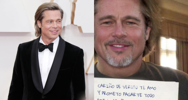 Brad Pitt en una alfombra roja (izquierda) y en una fotografía editada que le enviaban a la mujer estafada (derecha)