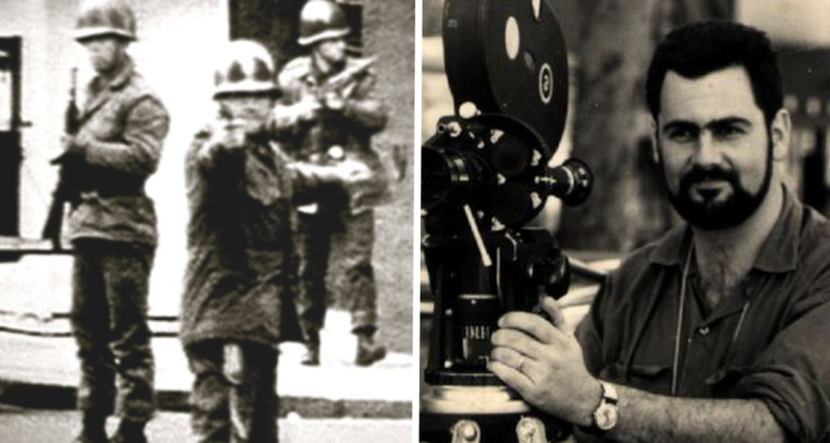 Captura de la cámara del camarógrafo argentino Leonardo Henrichsen (izquierda) y Leonardo Henrichsen junto a su cámara (derecha)