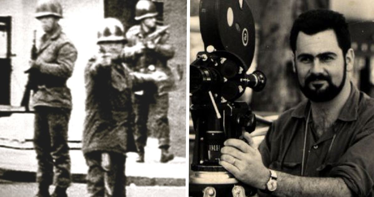 Captura de la cámara del camarógrafo argentino Leonardo Henrichsen (izquierda) y Leonardo Henrichsen junto a su cámara (derecha)