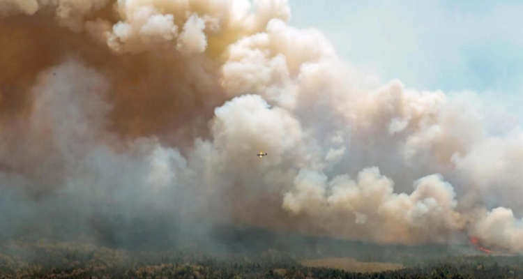 Un avión arroja una mezcla de agua y retardante en el condado de Shelburne, Canadá