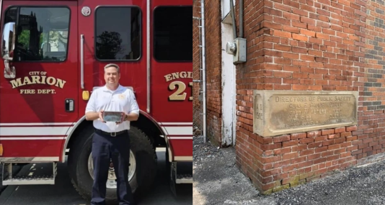 Jefe del departamento de bomberos de Marion (izquierda) y la “cápsula de tiempo” encontrada en el edificio (derecha)