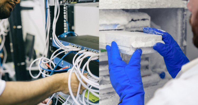 Conserje desenchufando(izquierda) y científico sacando muestras de un congelador en referencia a conserje que desenchufó congelador con muestras de investigación de hace 20 años