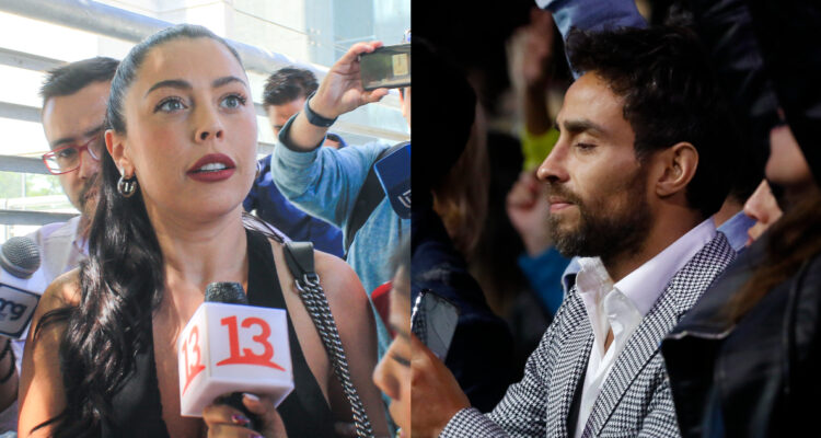 Daniela Aránguiz hablando con la prensa. A su lado, Jorge Valdivia en un evento.