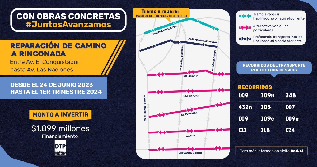 12 recorridos de buses RED serán modificados por reparación de Camino a Rinconada en Maipú 