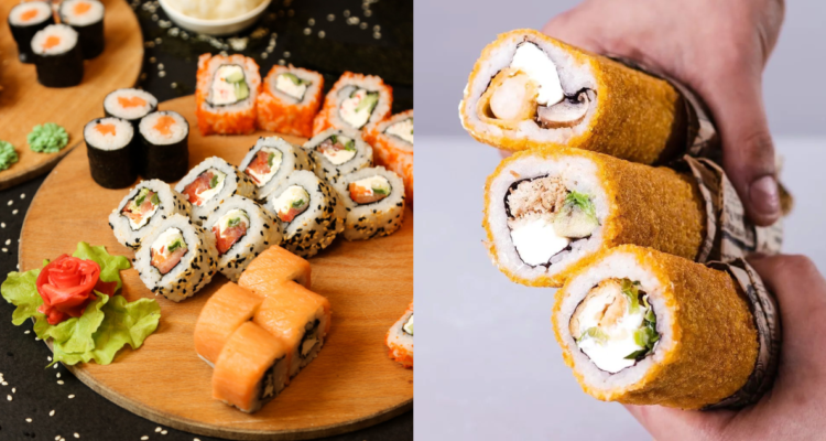Tabla de sushi japonés (izquierda) y de un handroll, la versión chilena del plato (derecha) en referencia al día internacional del sushi