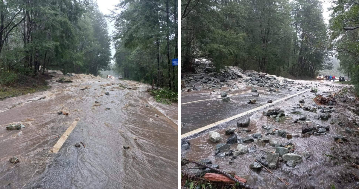 Video capta desborde de río en ruta de Puerto Varas: también cayó parte de un cerro y piedras